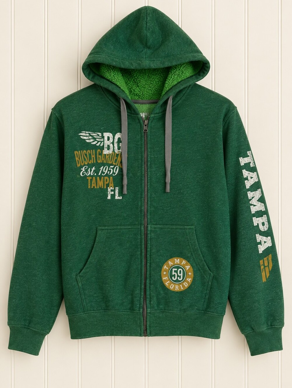 Busch Gardens Tampa Hoodie Women’s Small Green Full Zip Theme Park Sweatshirt